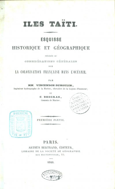 Couverture de l’ouvrage Îles Tai̋ti de M. Vincendon-Dumoulin et de C. Desgraz (1844).