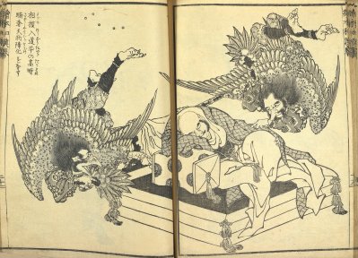 Représentation d’une scène de confrontation entre Taira no Takatoki et Tengu (divinité de la montagne).